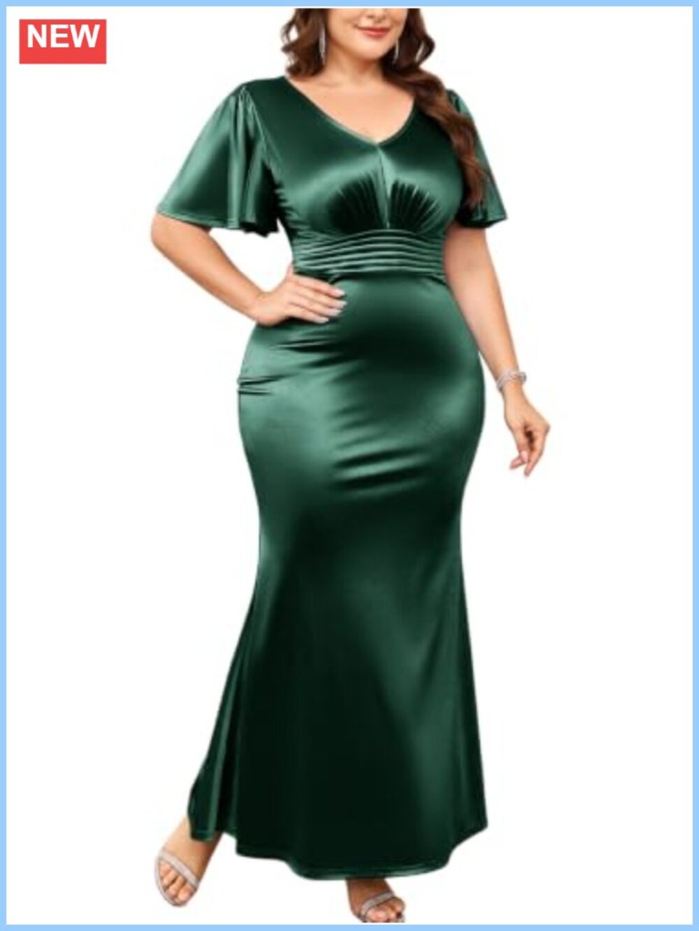 Plus Size Satin Mermaid Evening Gown V-Neck Ruffle Sleeve Empire Waist Ruched